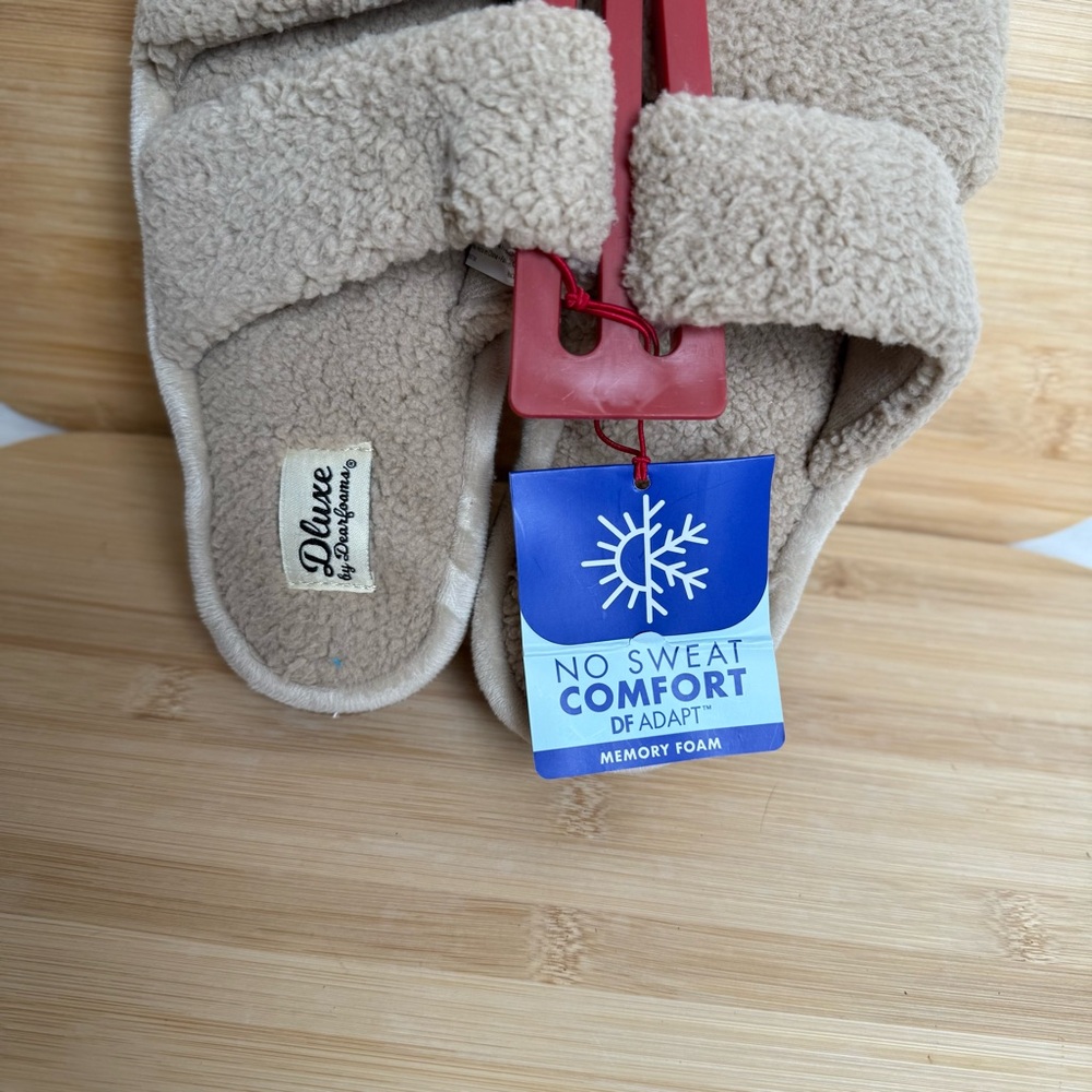 Dearfoams Memory Foam Open Toe Slippers Taupe Tan Size Medium - Picture 2 of 5